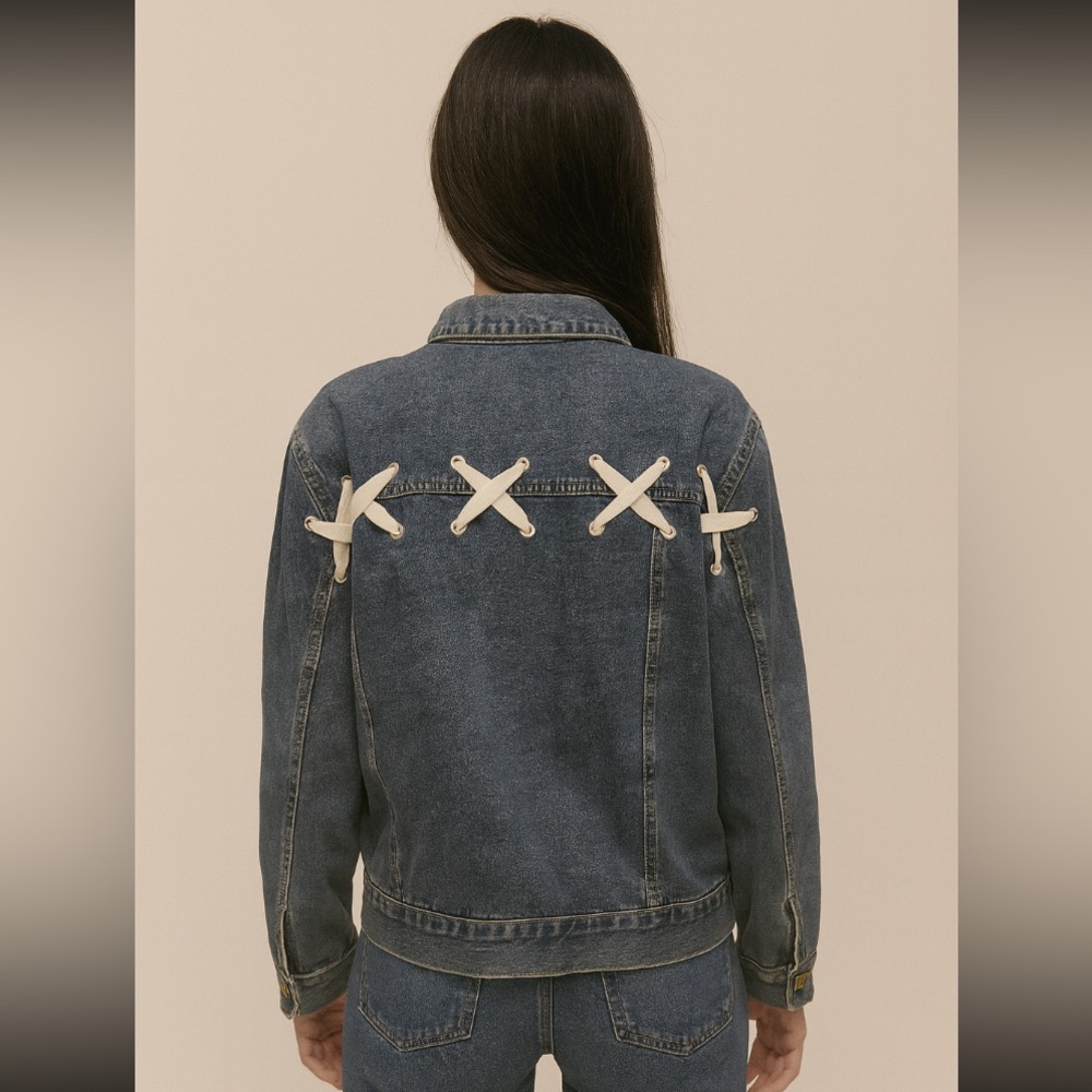 Vintage 80’s Roebuck & Co Jean Denim Jacket With Lace Stitch Back Size Large